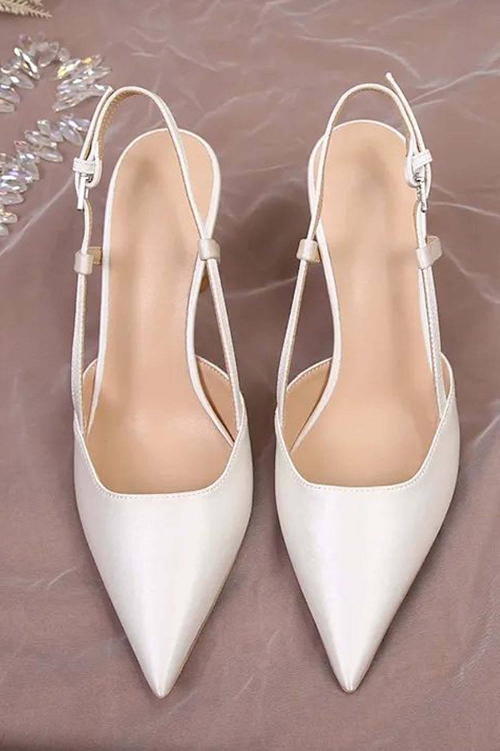 Ivory Satin Pearls Point Toe Wedding Stiletto Heels with Bow