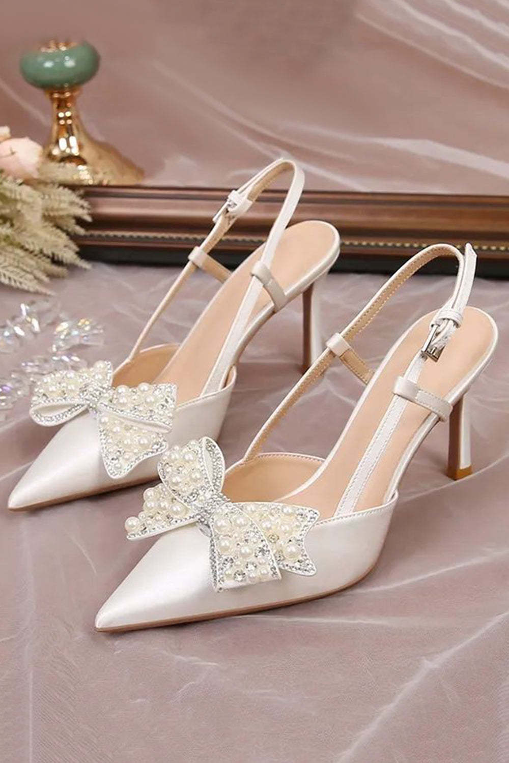 Ivory Satin Pearls Point Toe Wedding Stiletto Heels with Bow