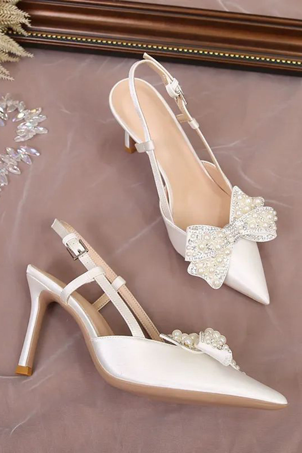 Ivory Satin Pearls Point Toe Wedding Stiletto Heels with Bow