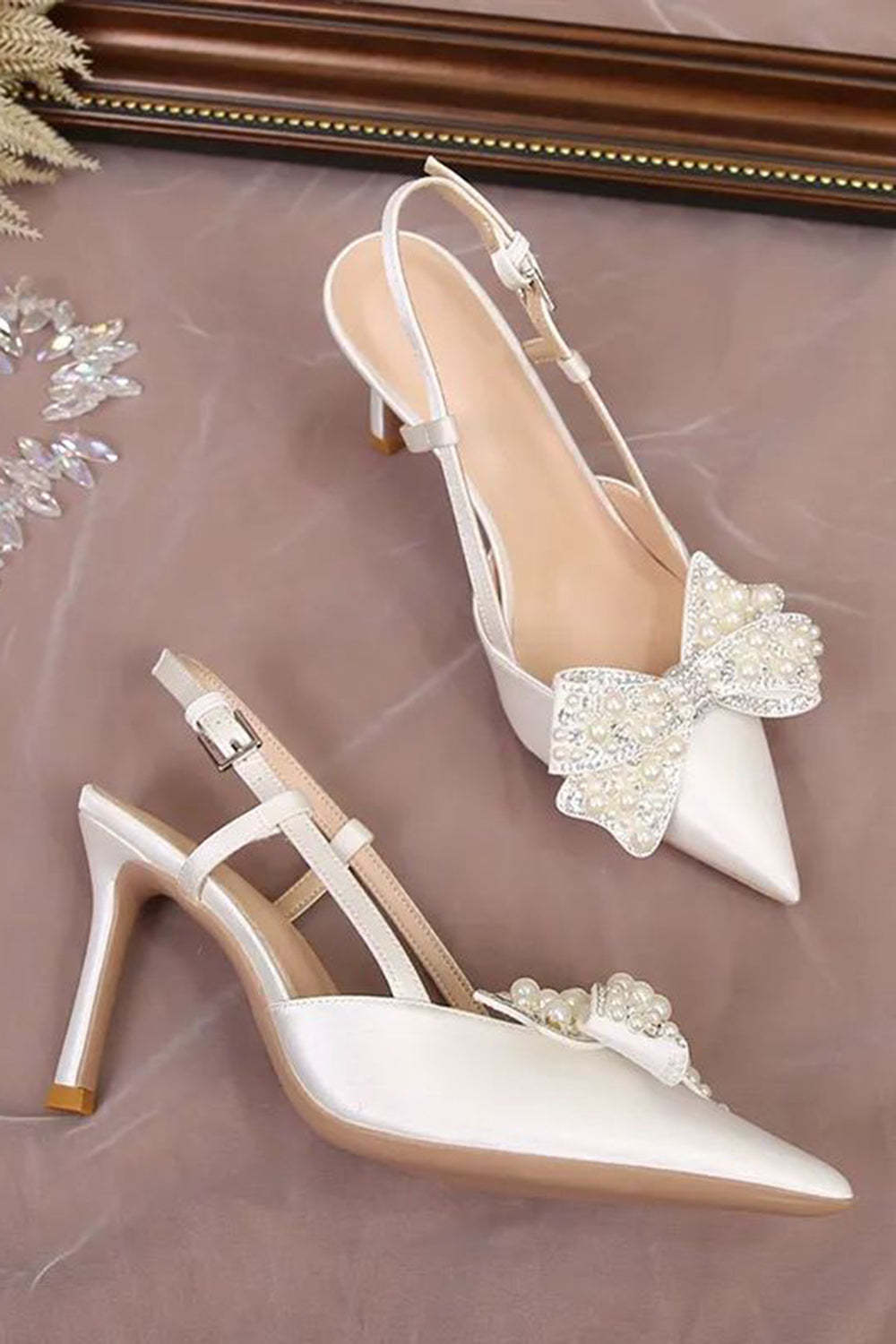 Ivory Satin Pearls Point Toe Wedding Stiletto Heels with Bow