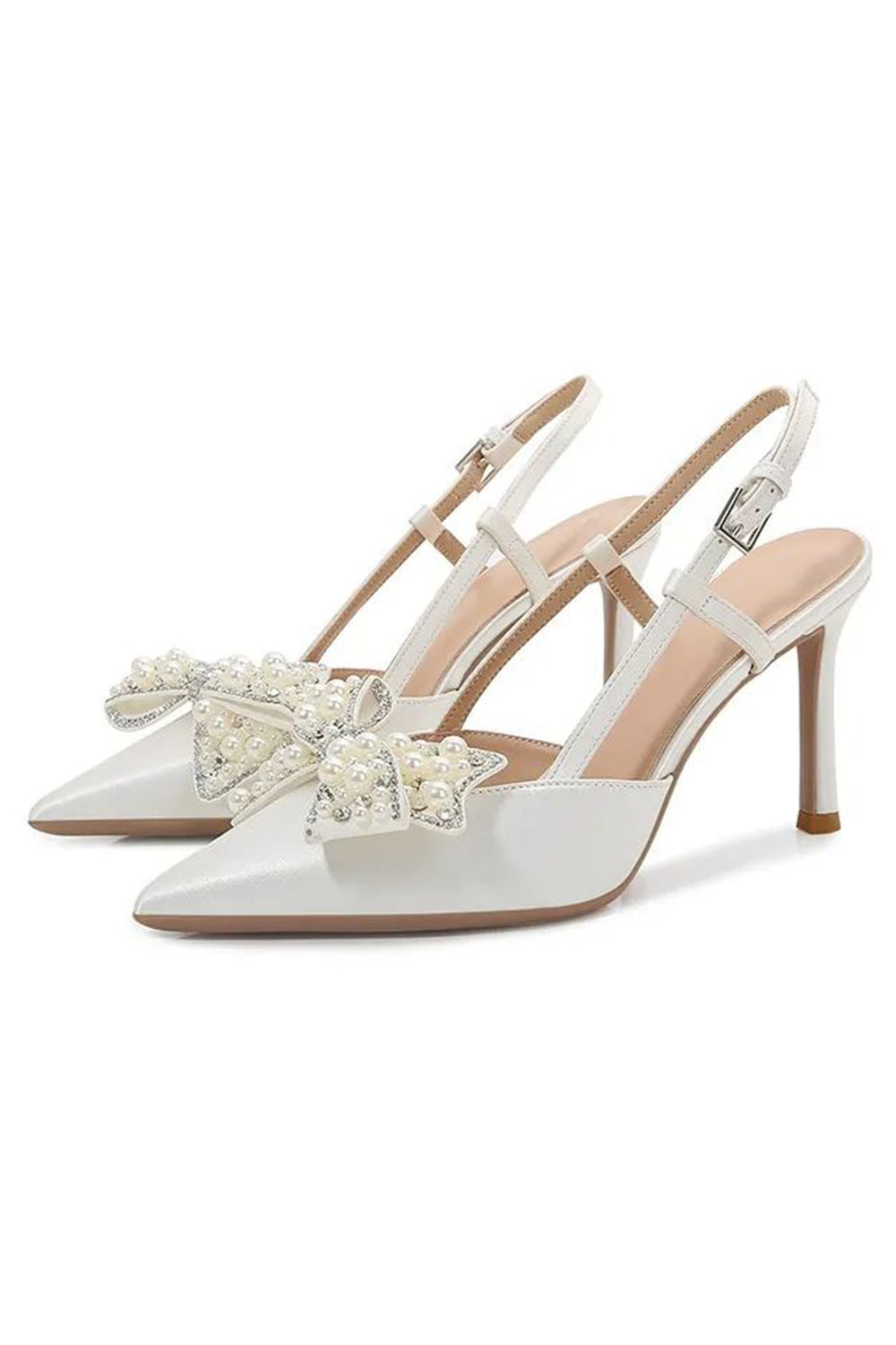 Ivory Satin Pearls Point Toe Wedding Stiletto Heels with Bow
