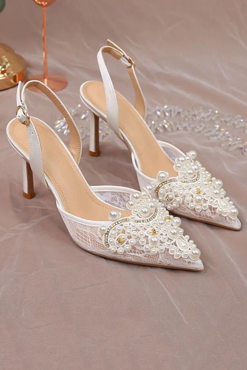 Ivory Lace Pump Pointed Toe Appliqued Wedding Heels