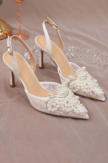 Ivory Lace Pump Pointed Toe Appliqued Wedding Heels