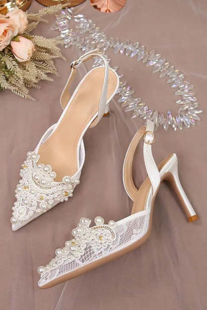 Ivory Lace Pump Pointed Toe Appliqued Wedding Heels