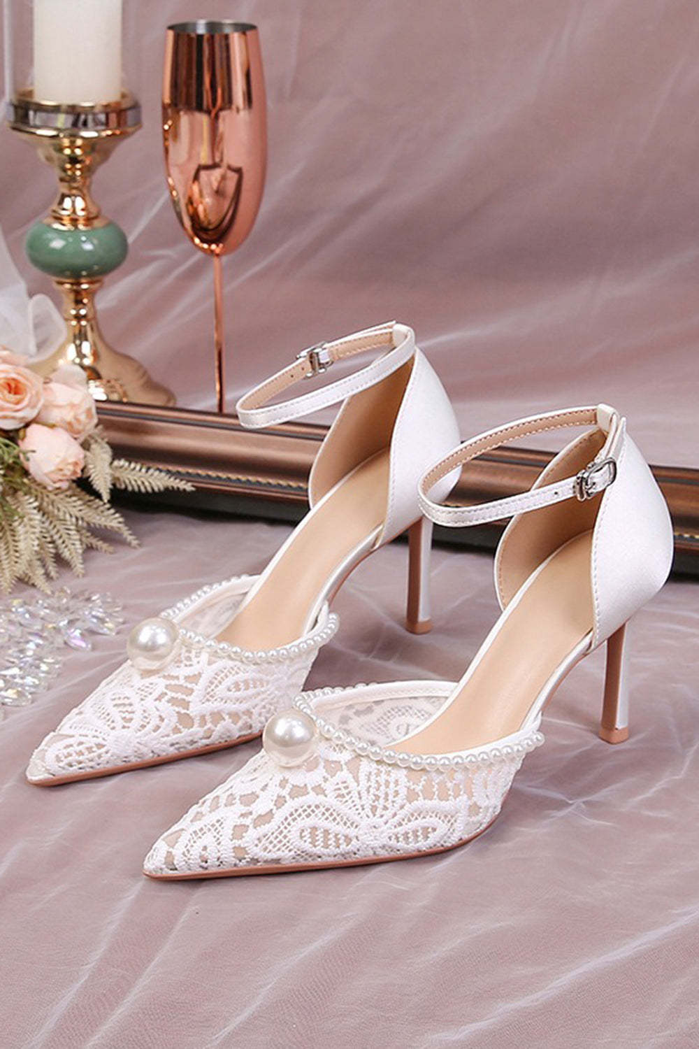 Leely Women Ivory Point Toe Pump Lace Wedding Stiletto Heels with Pearls