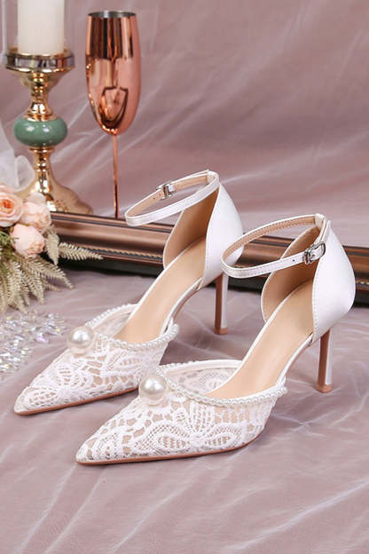 Leely Women Ivory Point Toe Pump Lace Wedding Stiletto Heels with Pearls