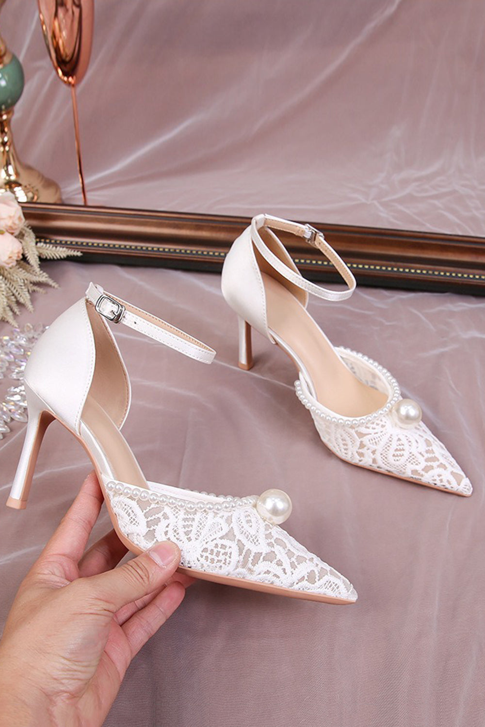 Ivory Lace Point Toe Pump Wedding Stiletto Heels with Pearls