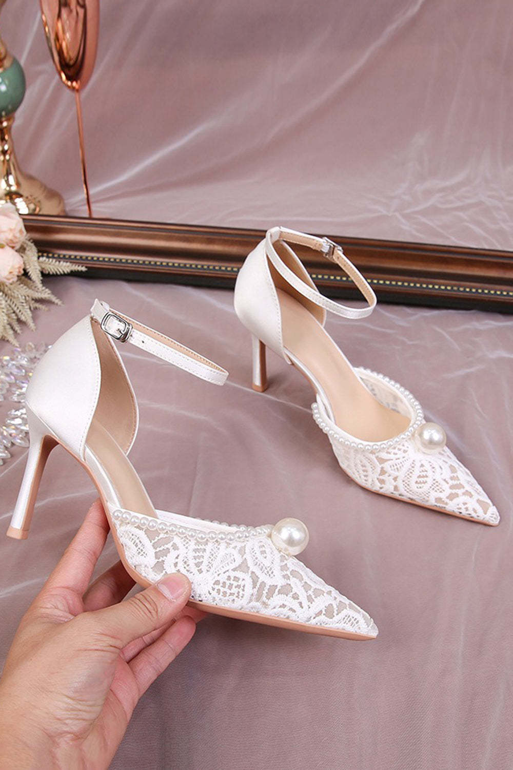 Ivory Lace Point Toe Pump Wedding Stiletto Heels with Pearls
