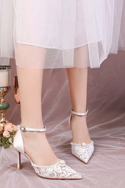 Ivory Lace Point Toe Pump Wedding Stiletto Heels with Pearls