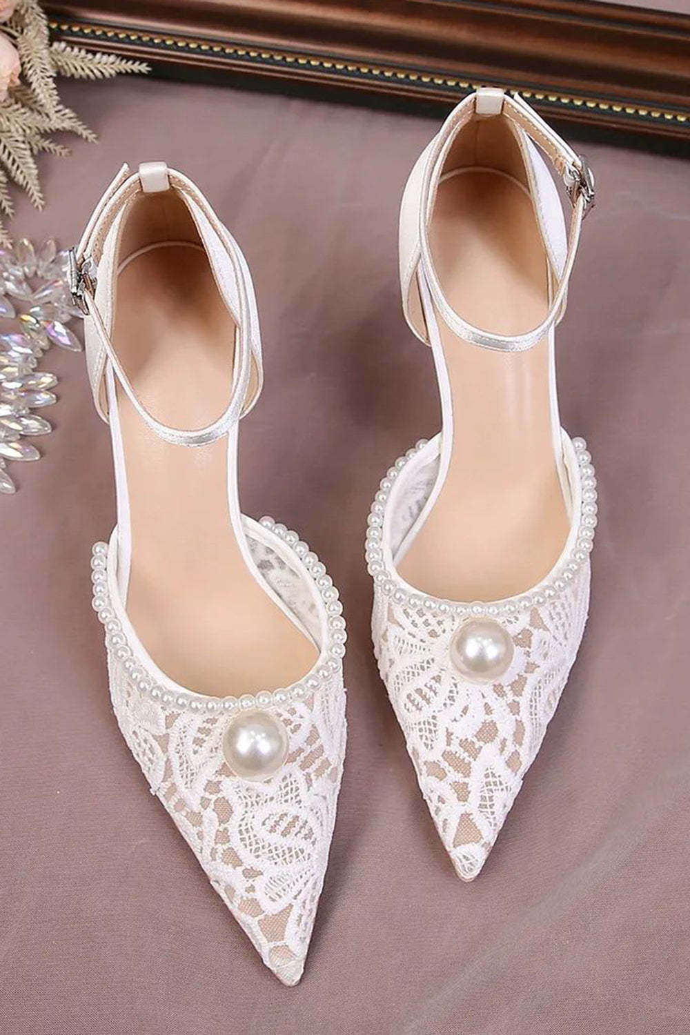 Ivory Lace Point Toe Pump Wedding Stiletto Heels with Pearls