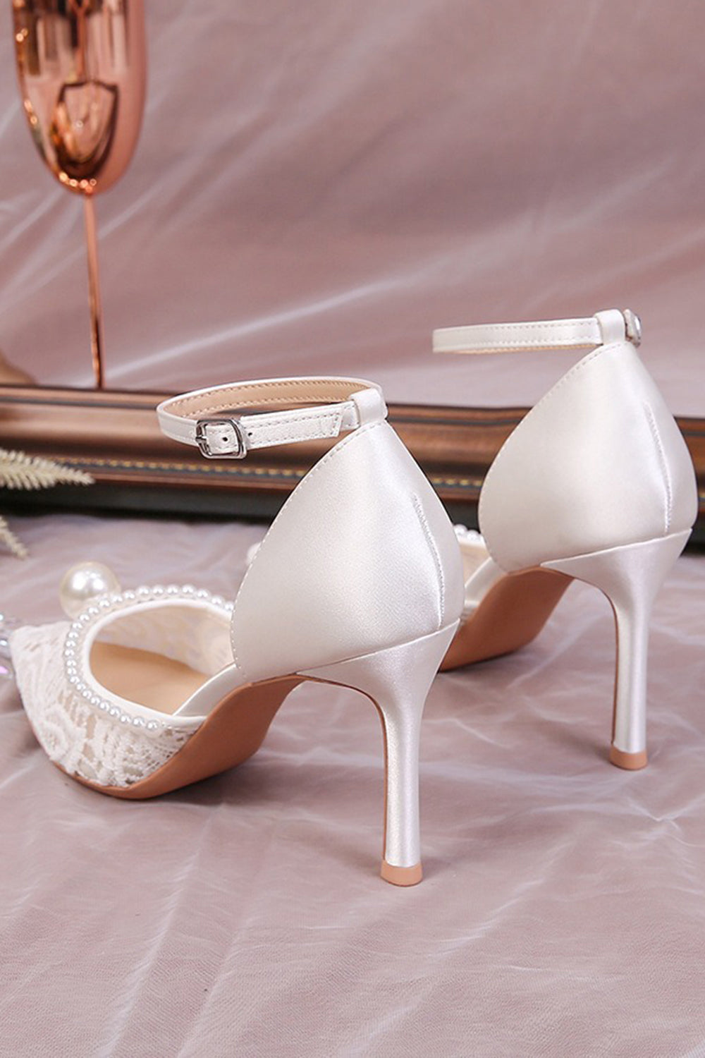 Ivory Lace Point Toe Pump Wedding Stiletto Heels with Pearls