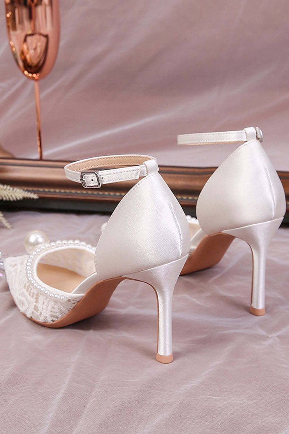 Ivory Lace Point Toe Pump Wedding Stiletto Heels with Pearls