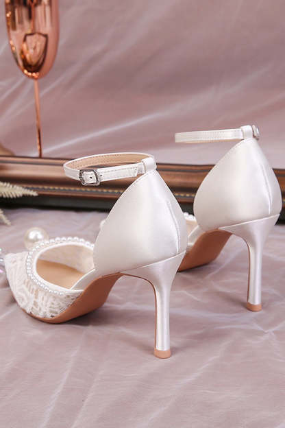 Ivory Lace Point Toe Pump Wedding Stiletto Heels with Pearls