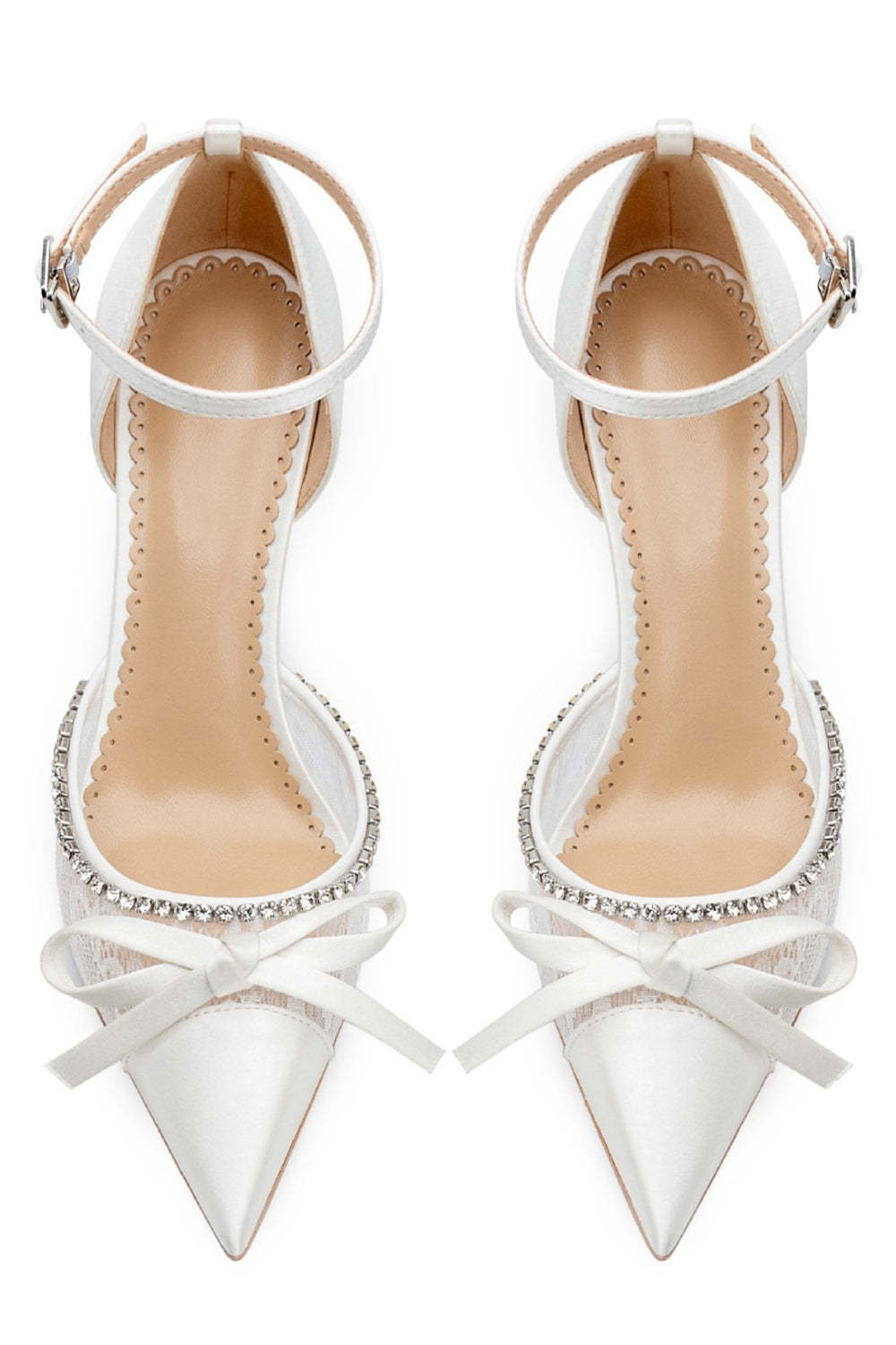 Leely Women Sparkly Ivory Beaded Lace Pointed Toe Wedding Stiletto Heels with Bow