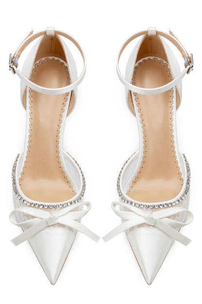 Leely Women Sparkly Ivory Beaded Lace Pointed Toe Wedding Stiletto Heels with Bow