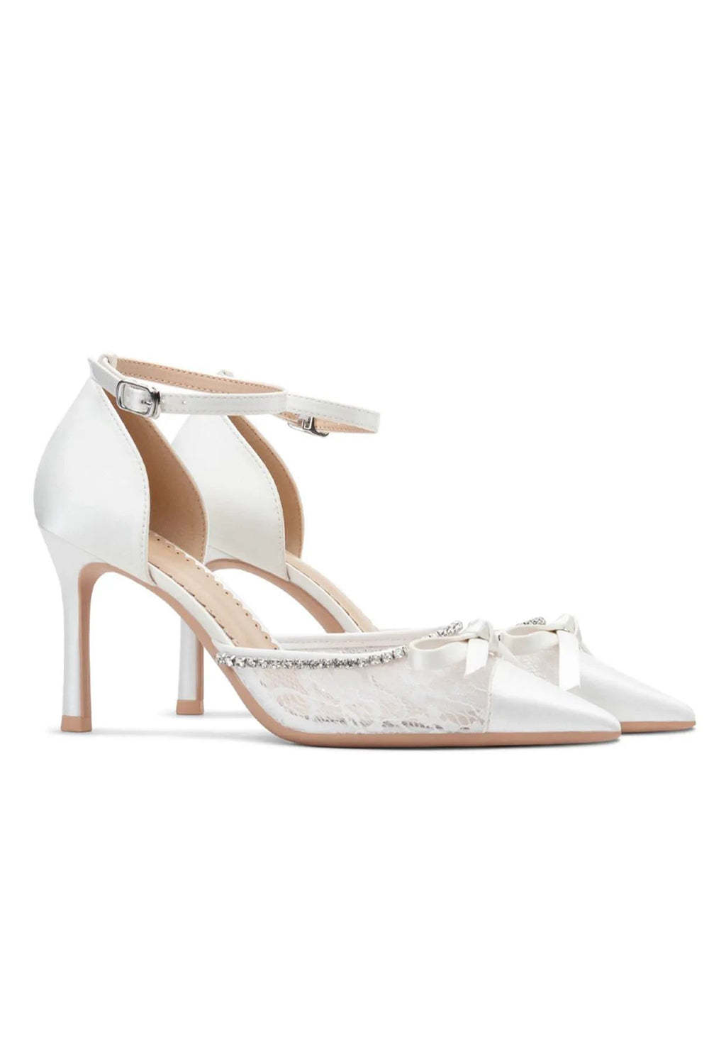 Sparkly Ivory Lace Pointed Toe Beaded Wedding Stiletto Heels with Bow