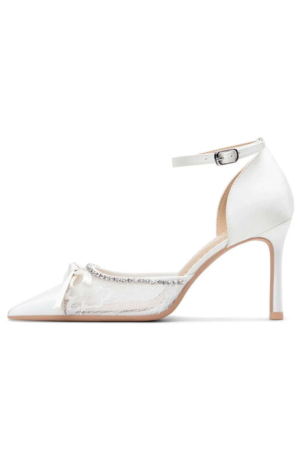 Sparkly Ivory Lace Pointed Toe Beaded Wedding Stiletto Heels with Bow
