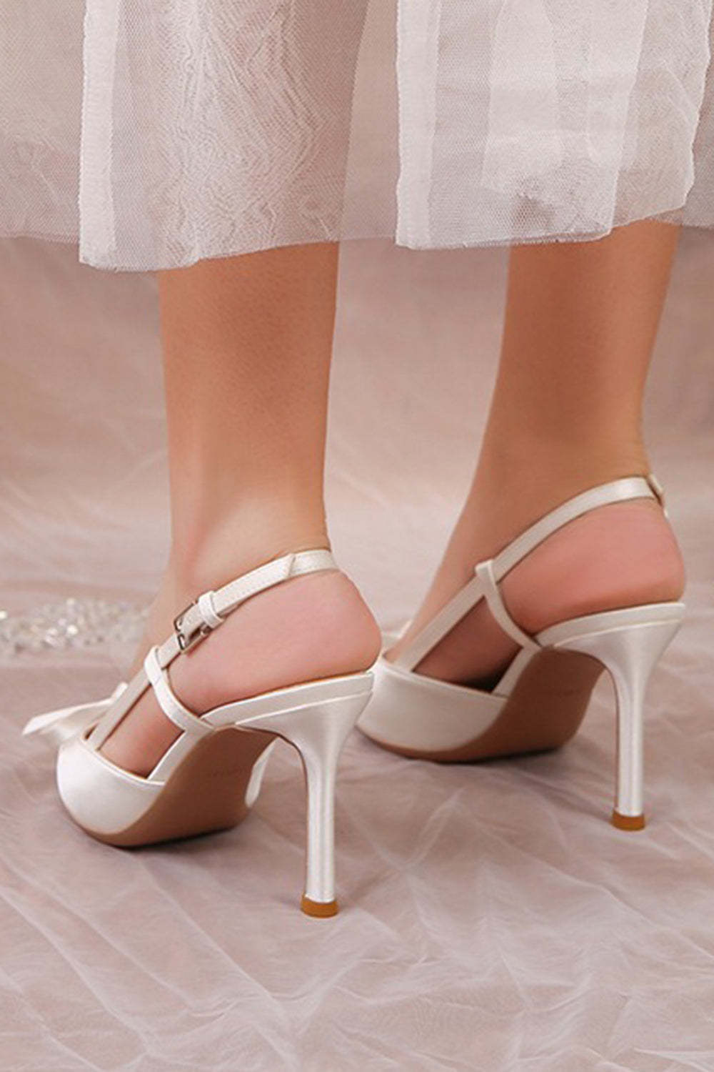Ivory Pointed Toe Satin Pump Wedding Heels with Bow