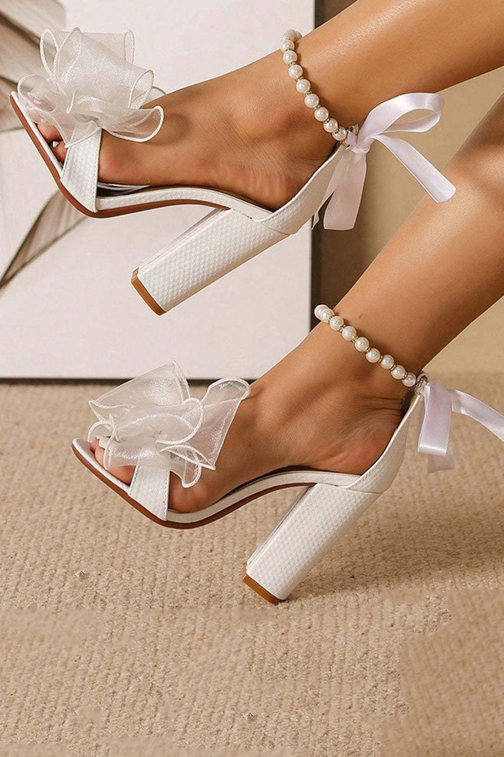 White Chunky Heels Open Toe Pearls Wedding Sandals with Bow