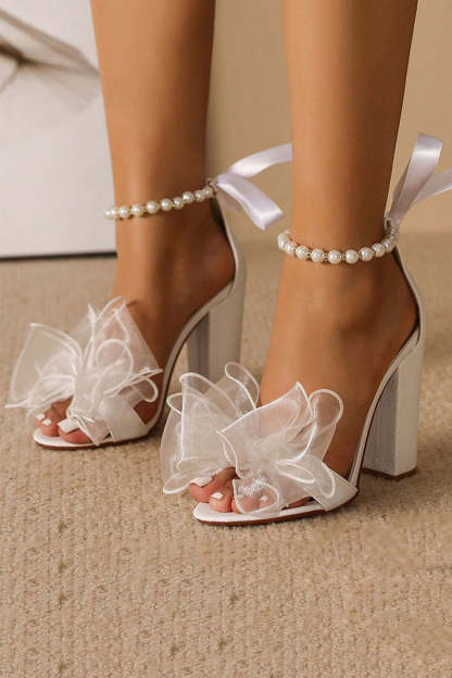 White Chunky Heels Open Toe Pearls Wedding Sandals with Bow