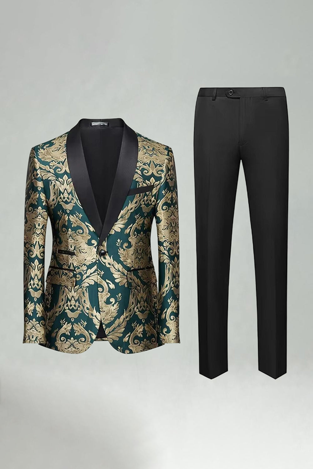 Leely Men's Green Prom Suits Shawl Lapel 2 Pieces Jacquard Slim Fit Single Buckle Party Suits