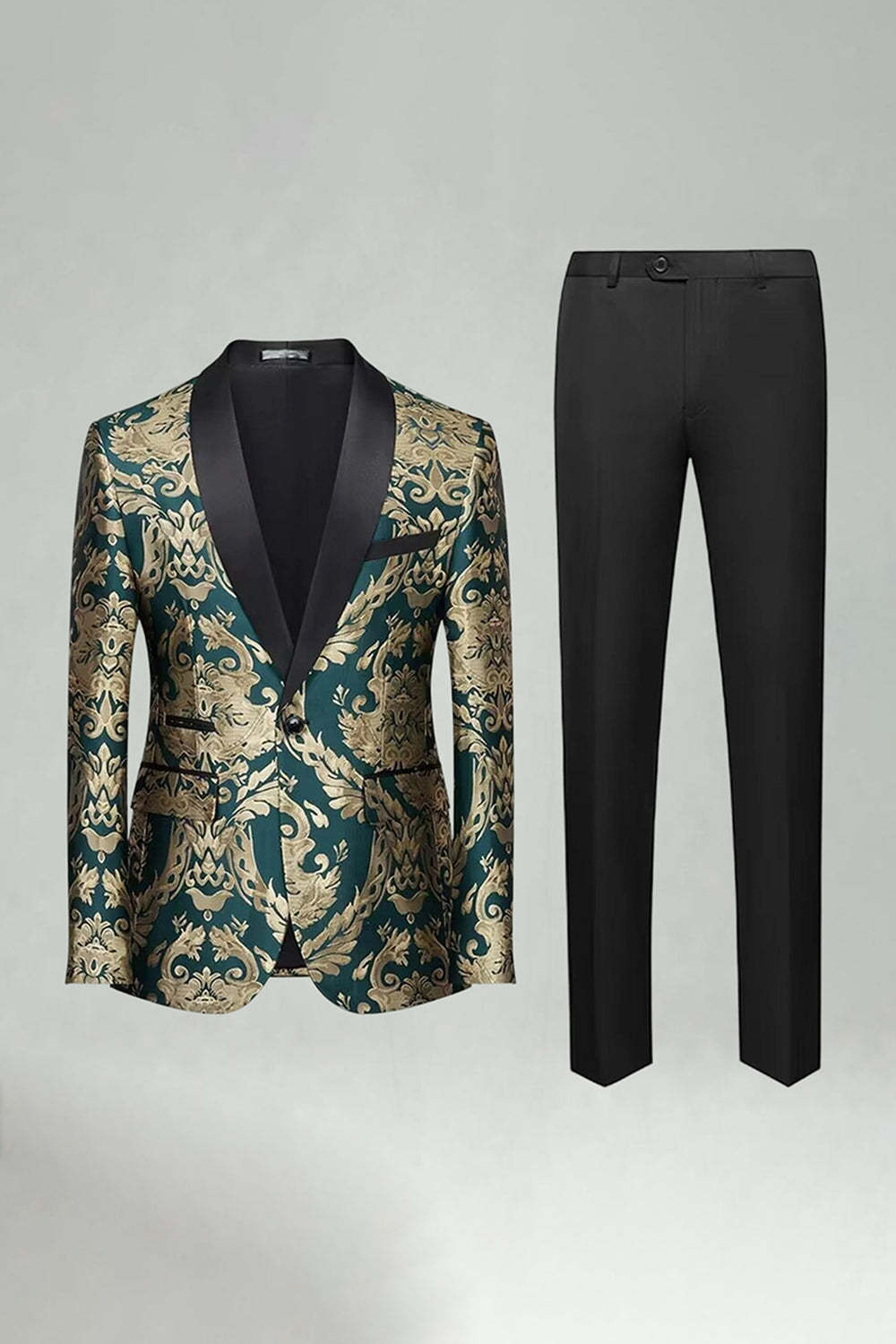 Leely Men's Green Prom Suits Shawl Lapel 2 Pieces Jacquard Slim Fit Single Buckle Party Suits