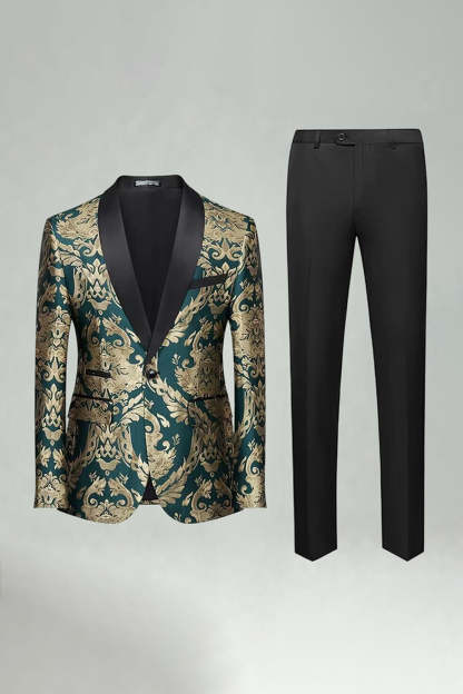 Leely Men's Green Prom Suits Shawl Lapel 2 Pieces Jacquard Slim Fit Single Buckle Party Suits