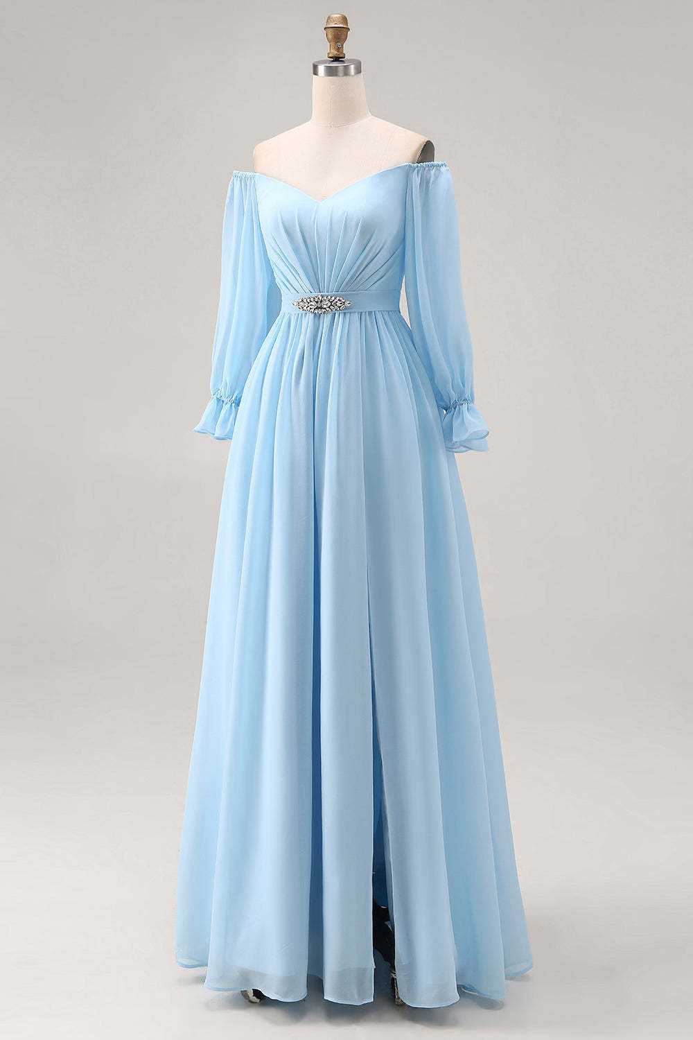 Sky Blue A Line Sweetheart Maxi Bridesmaid Dress with Bow
