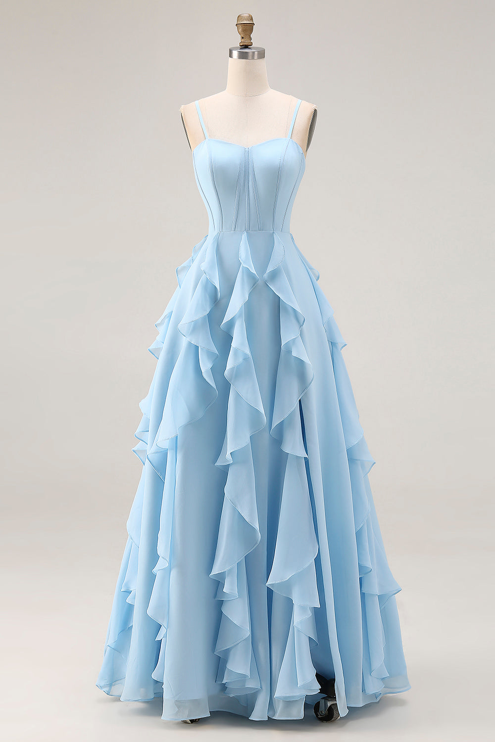 Sky Blue A Line Corset Ruffled Long Bridesmaid Dress