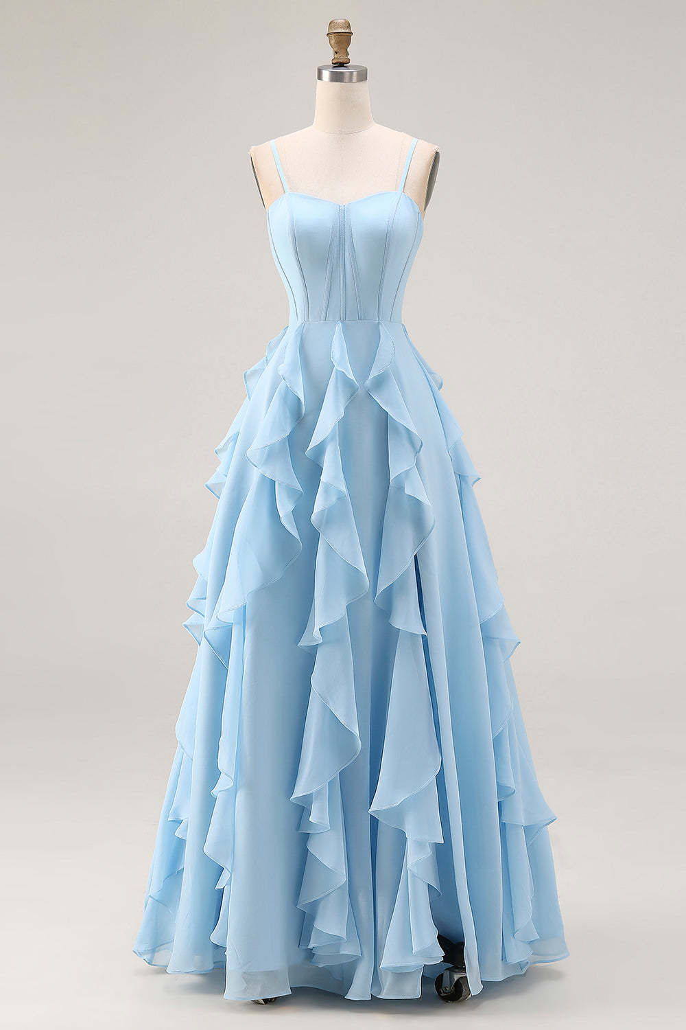 Sky Blue A Line Corset Ruffled Long Bridesmaid Dress