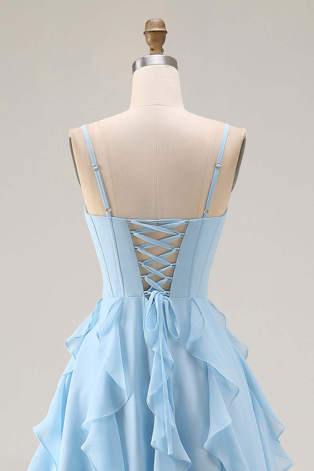 Sky Blue A Line Corset Ruffled Long Bridesmaid Dress