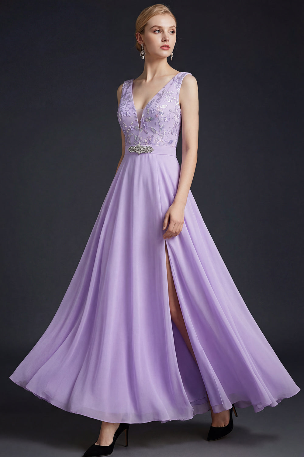 Floral Lilac V Neck A Line Long Bridesmaid Dress with Slit