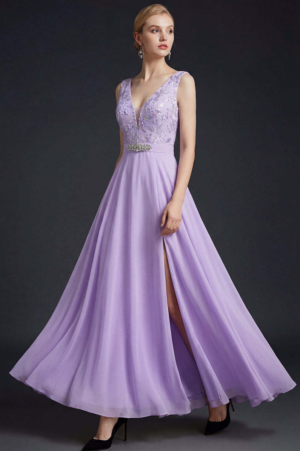 Leely Women Floral Lilac V Neck A Line Long Bridesmaid Dress with Slit Appliqued Spaghetti Straps Backless Wedding Guest Dress