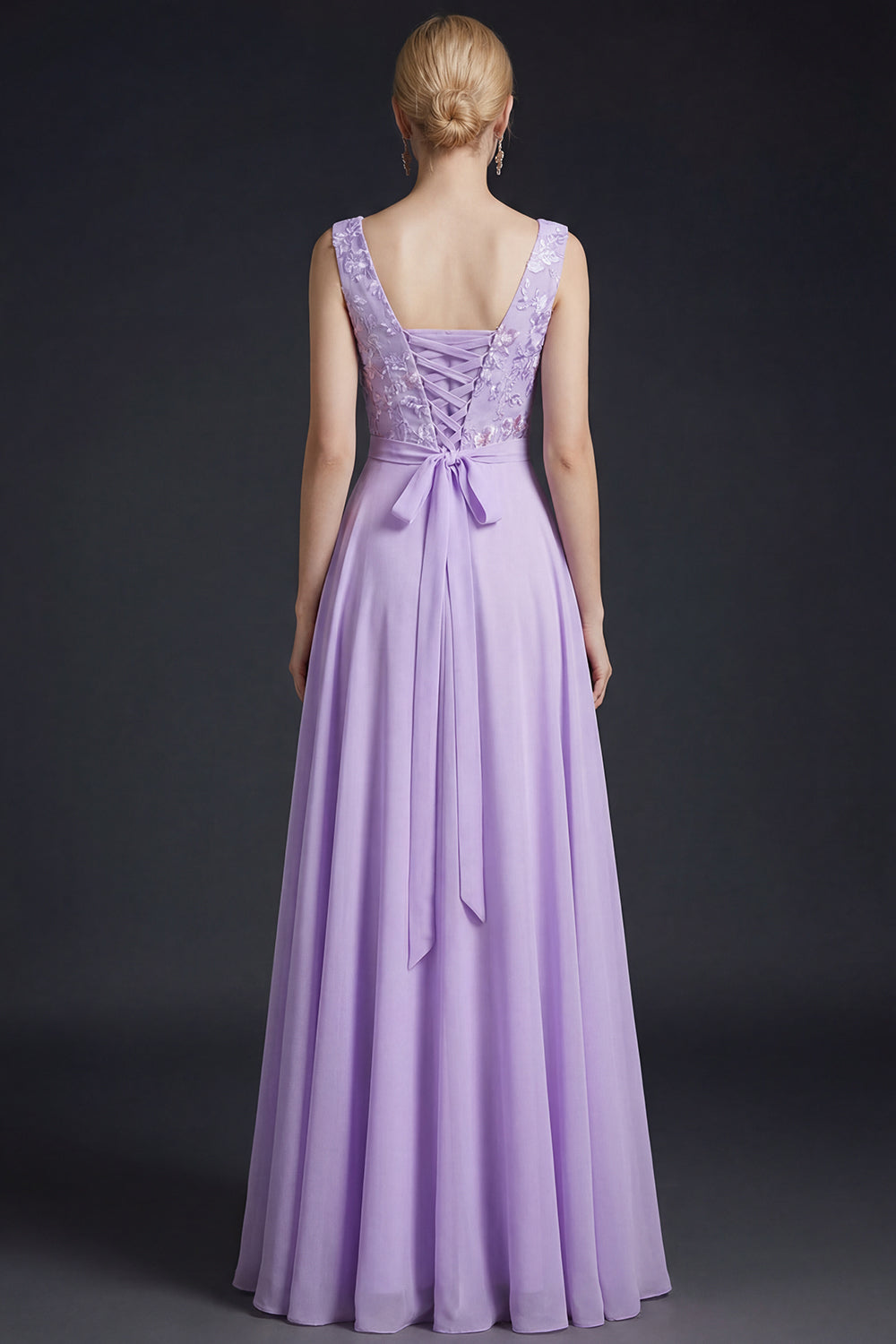 Floral Lilac V Neck A Line Long Bridesmaid Dress with Slit