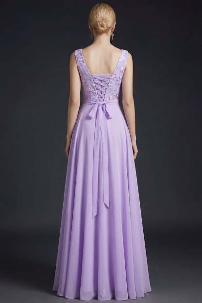 Floral Lilac V Neck A Line Long Bridesmaid Dress with Slit