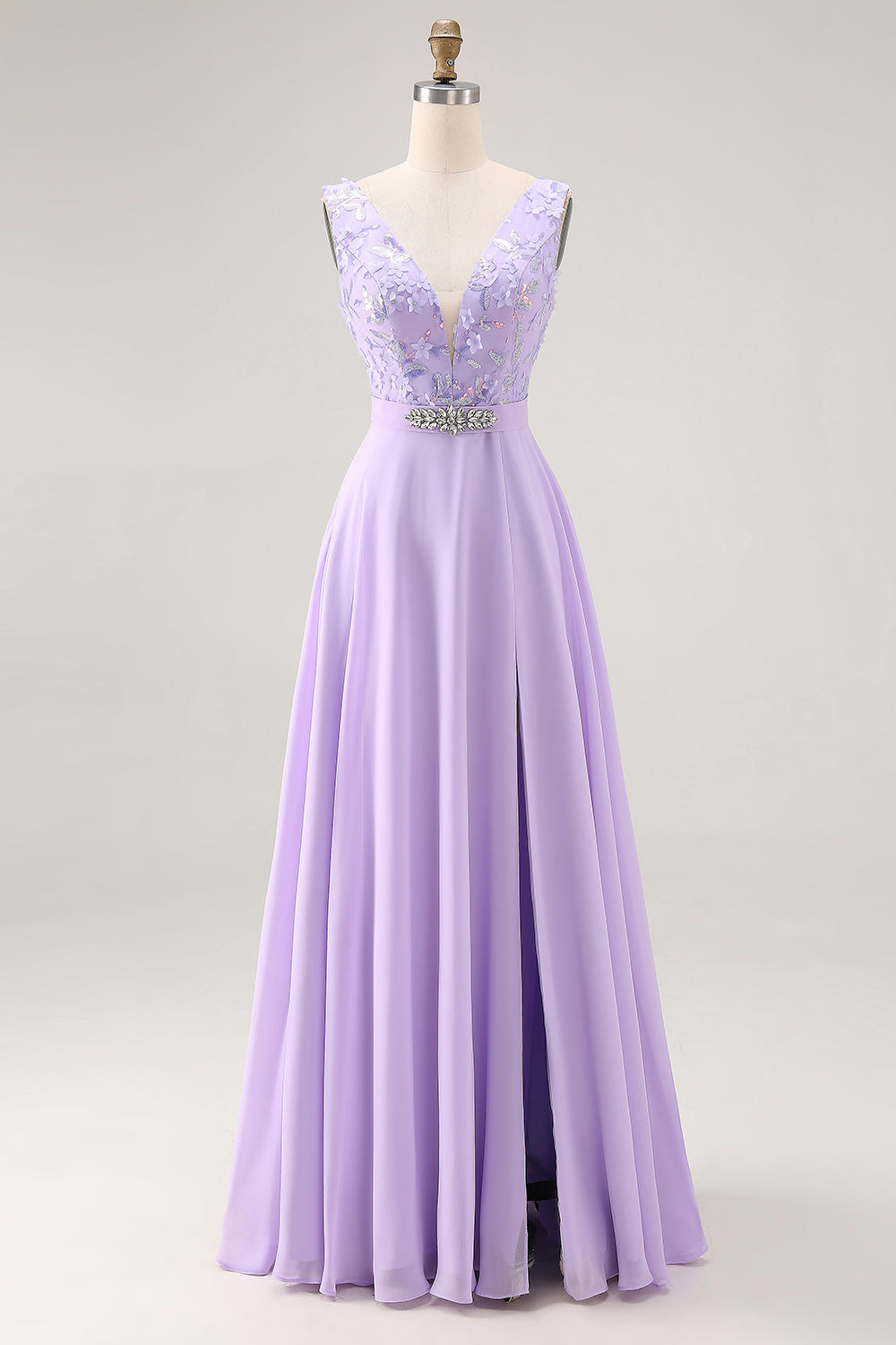 Floral Lilac V Neck A Line Long Bridesmaid Dress with Slit