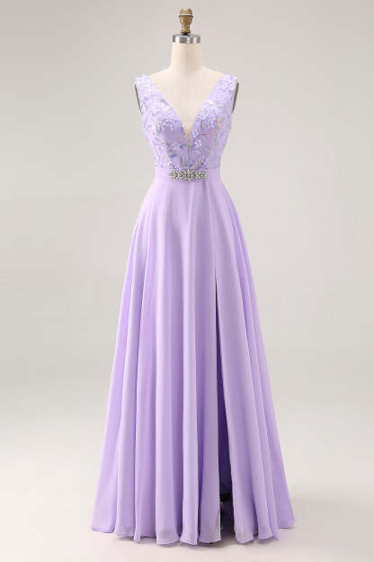 Floral Lilac V Neck A Line Long Bridesmaid Dress with Slit
