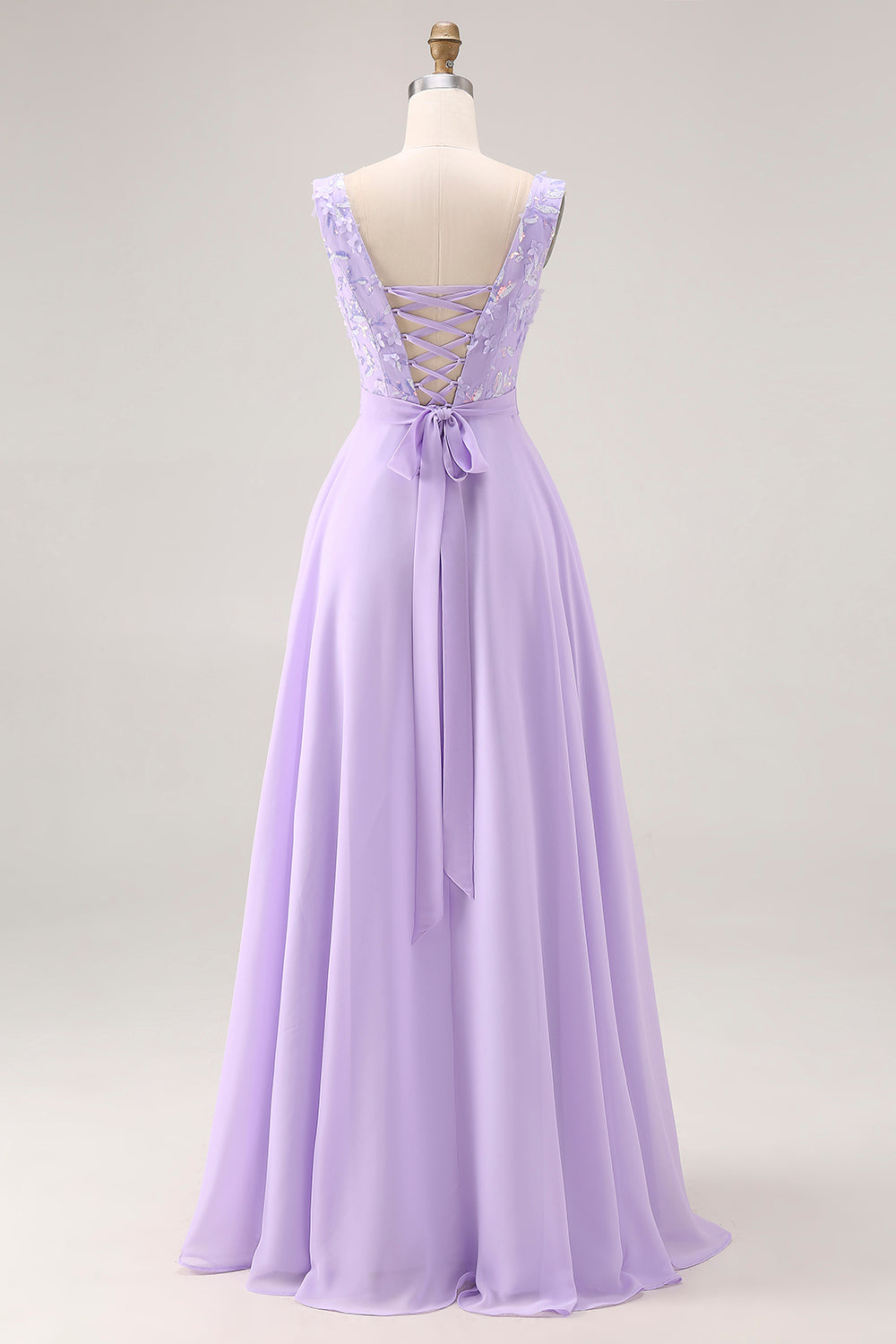 Floral Lilac V Neck A Line Long Bridesmaid Dress with Slit