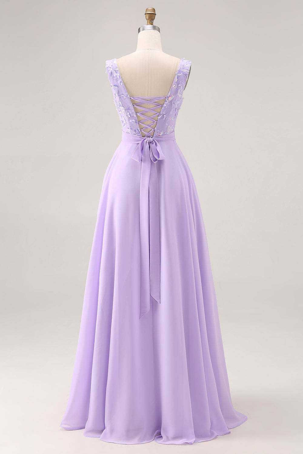 Floral Lilac V Neck A Line Long Bridesmaid Dress with Slit