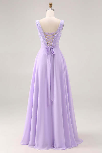 Floral Lilac V Neck A Line Long Bridesmaid Dress with Slit