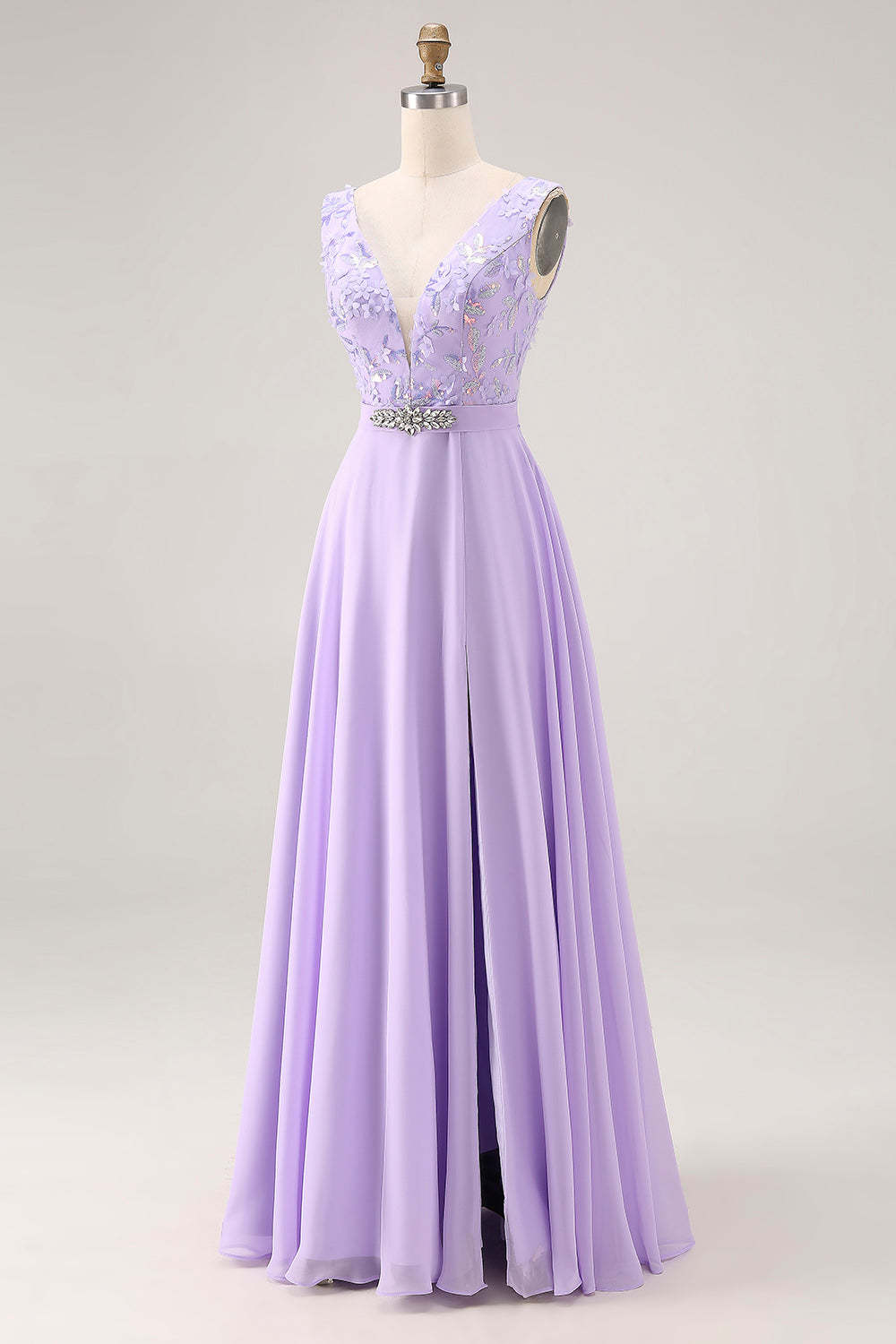 Floral Lilac V Neck A Line Long Bridesmaid Dress with Slit