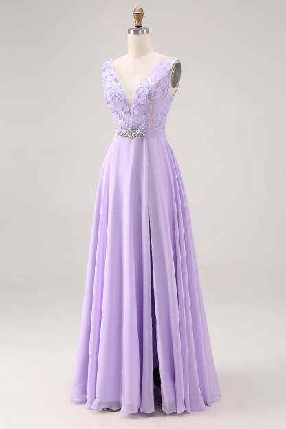 Floral Lilac V Neck A Line Long Bridesmaid Dress with Slit