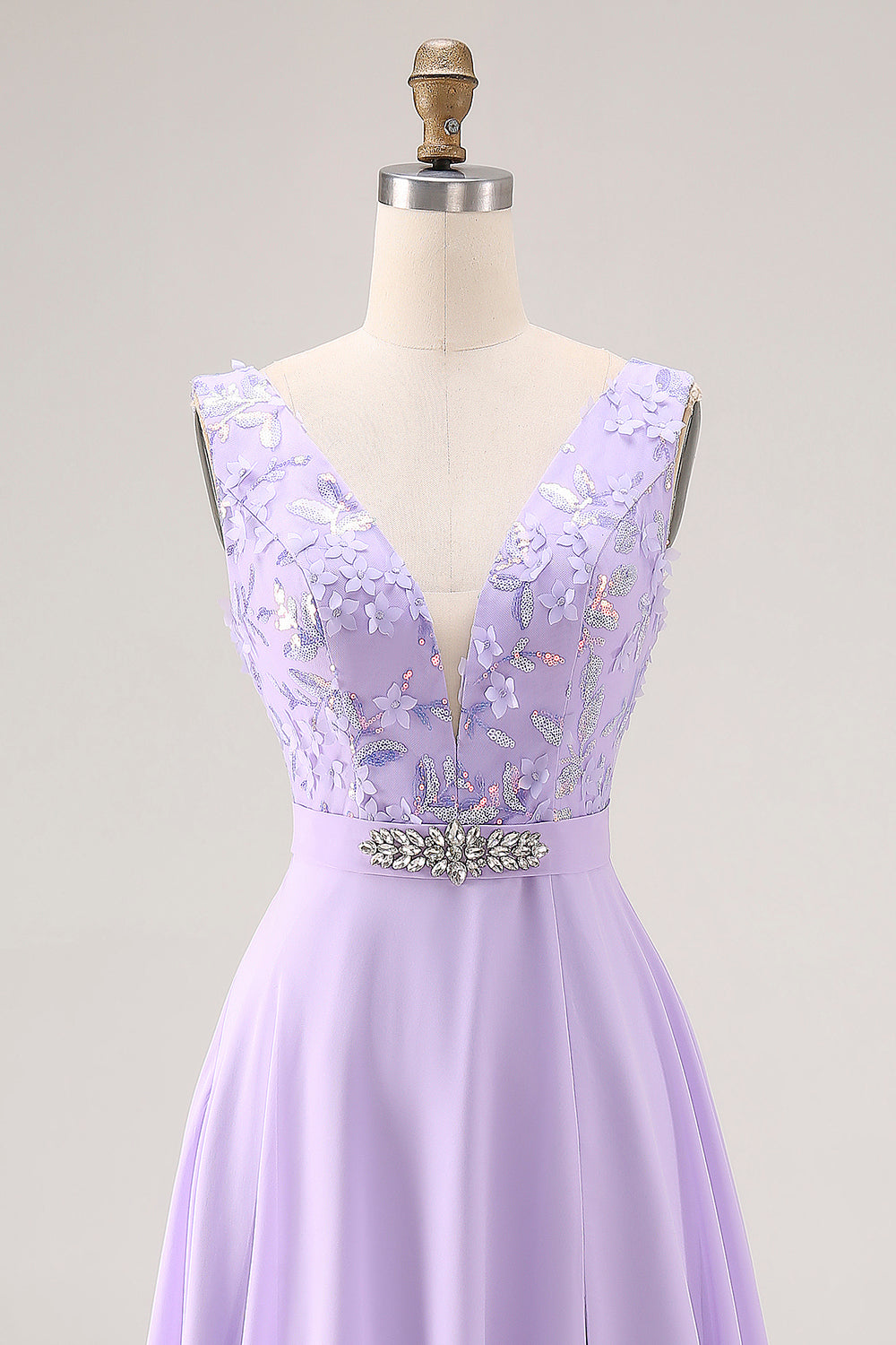 Floral Lilac V Neck A Line Long Bridesmaid Dress with Slit
