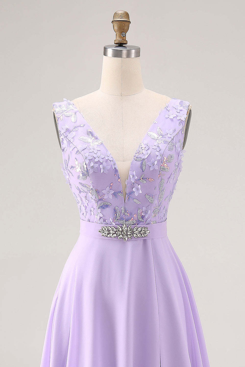 Floral Lilac V Neck A Line Long Bridesmaid Dress with Slit