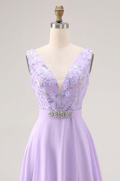 Floral Lilac V Neck A Line Long Bridesmaid Dress with Slit