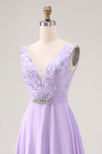 Floral Lilac V Neck A Line Long Bridesmaid Dress with Slit