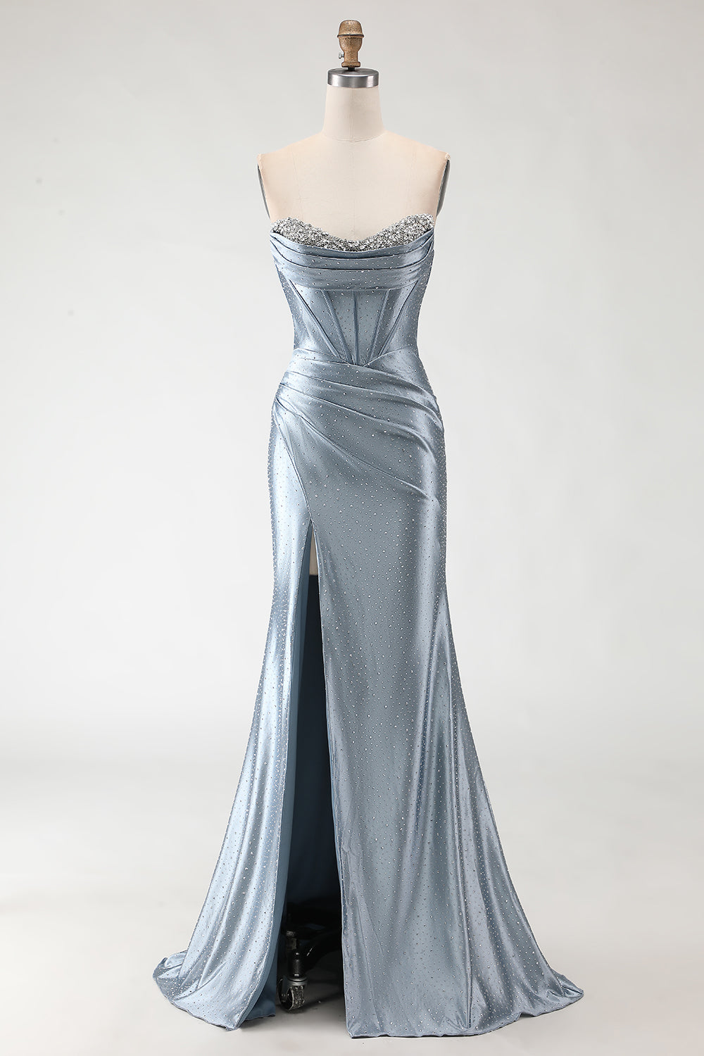Leely Women Sparkly Grey Blue Maxi Corset Prom Dress with Slit Sweetheart Strapless Mermaid Formal Dress with Beading