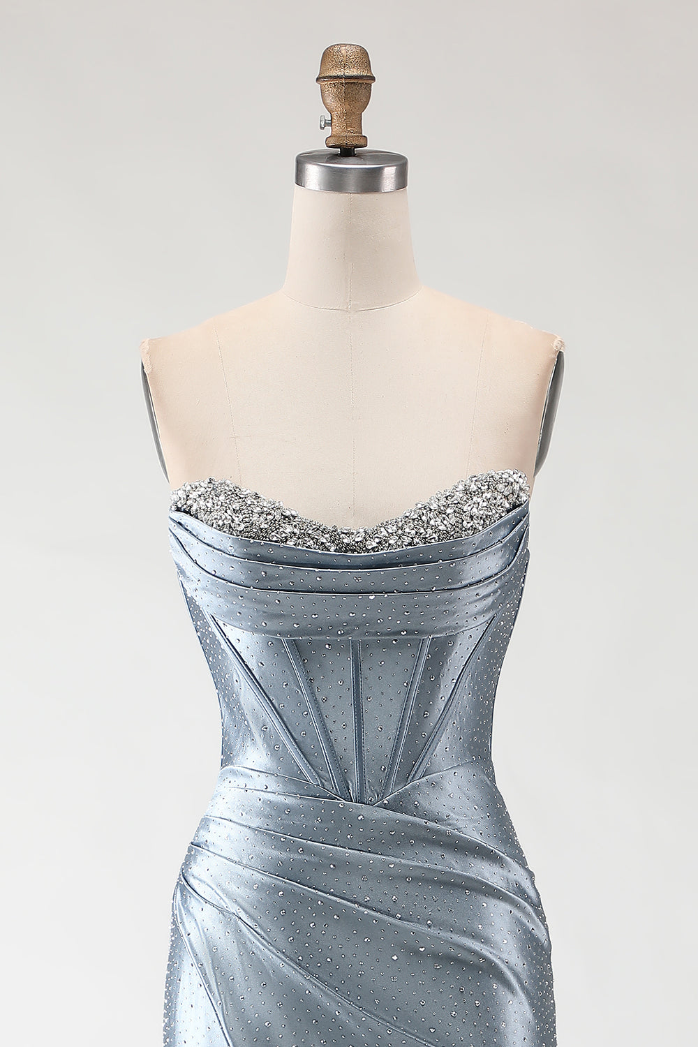 Sparkly Grey Blue Mermaid Long Beaded Corset Prom Dress with Slit