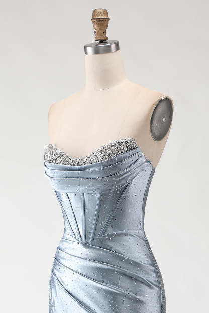 Sparkly Grey Blue Mermaid Long Beaded Corset Prom Dress with Slit