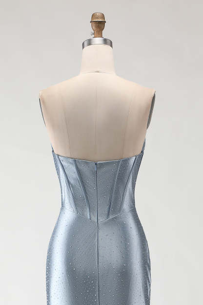 Sparkly Grey Blue Mermaid Long Beaded Corset Prom Dress with Slit